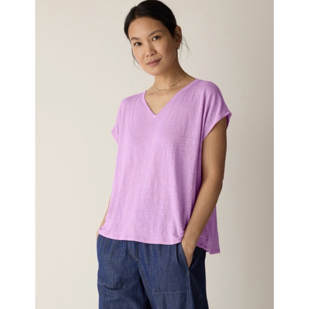 Eileen Fisher Aster 100% Linen V-Neck Bat Sleeve T-Shirt Tee Top Minimalist L